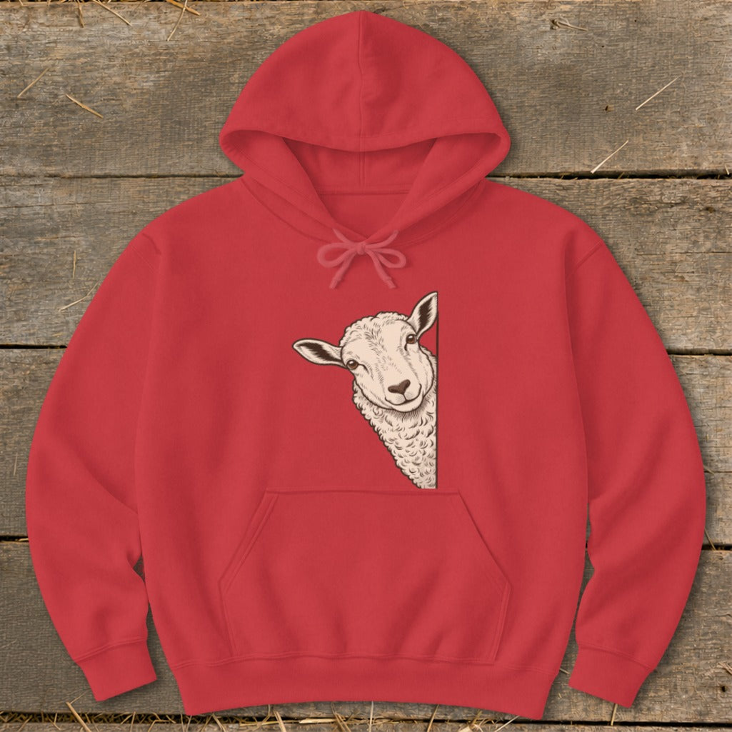Red hoodie with a peeking sheep illustration on the front.