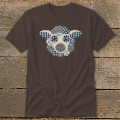 Brown t-shirt with a patched fabric sheep face graphic.