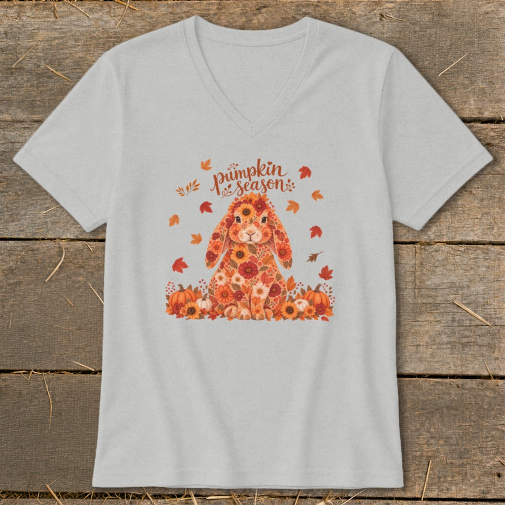 Floral bunny with "pumpkin season" text and fall leaves on a light grey t-shirt.