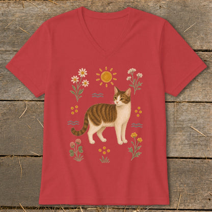Red v-neck t-shirt featuring a tabby cat surrounded by flowers and a sun.