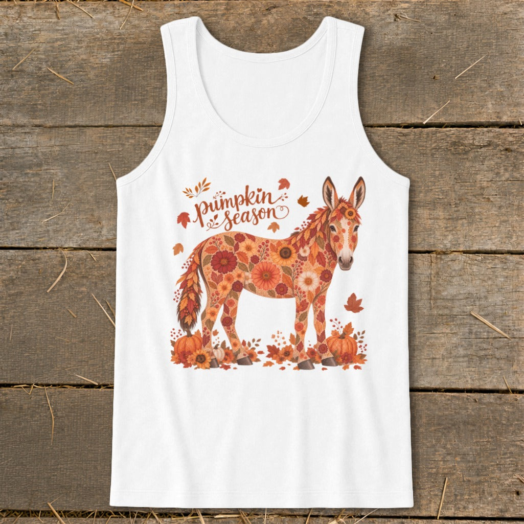 White tank top with floral donkey and "Pumpkin Season" text.