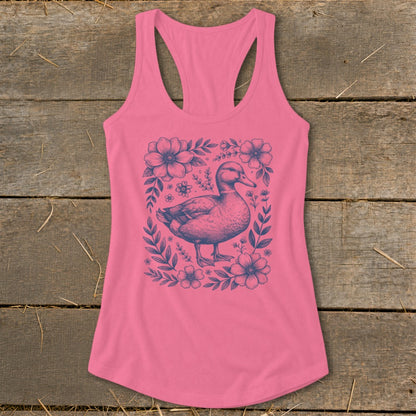 Pink racerback tank top with a blue duck and floral illustration.