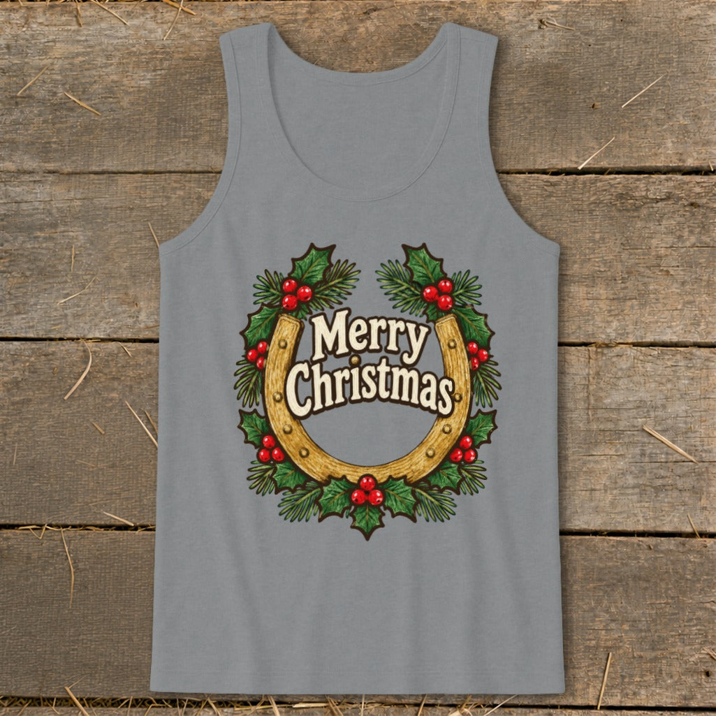 Gray tank top with a horseshoe, holly, and "Merry Christmas" text graphic.
