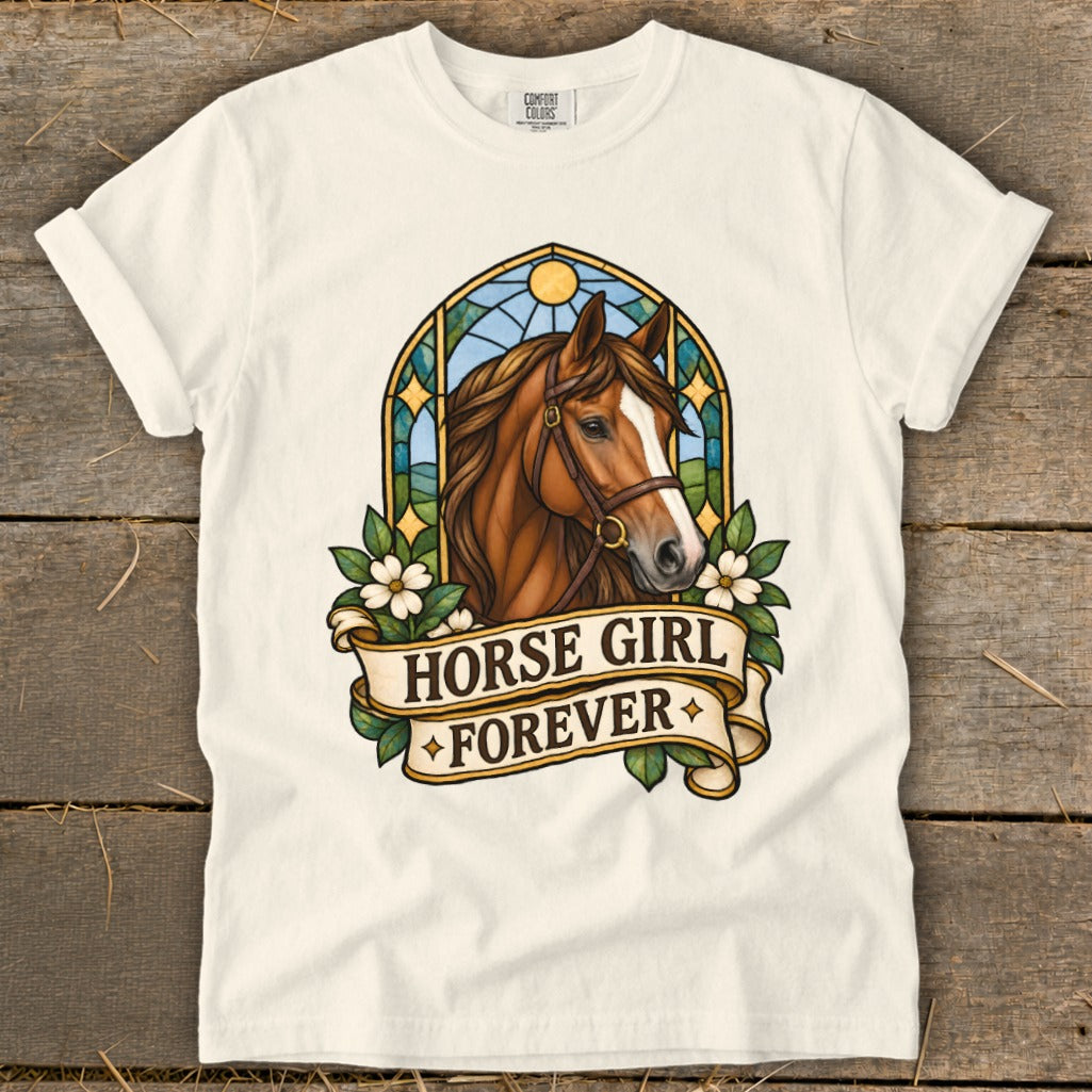 White t-shirt with stained glass horse head and "Horse Girl Forever" text.