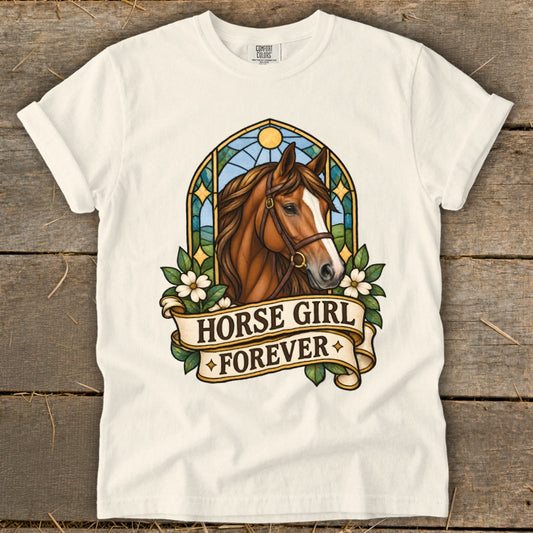 White t-shirt with stained glass horse head and "Horse Girl Forever" text.