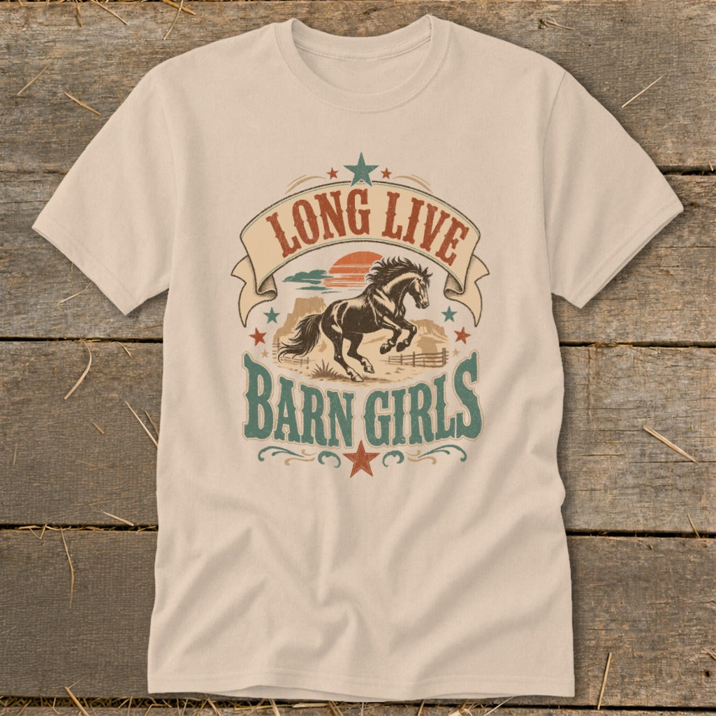 T-shirt with "Long Live Barn Girls" text and running horse graphic.