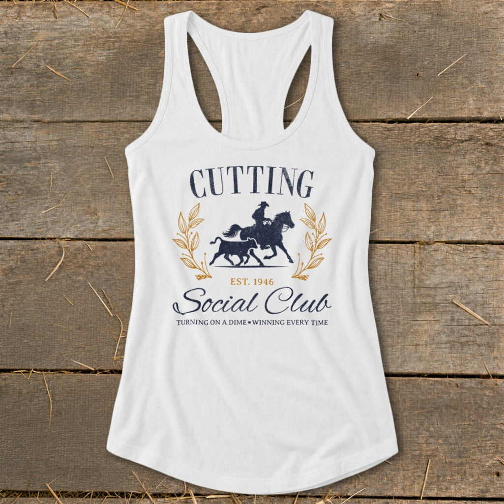 White tank top with "Cutting Social Club" text and horse and rider graphic.