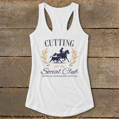 White tank top with "Cutting Social Club" text and horse and rider graphic.