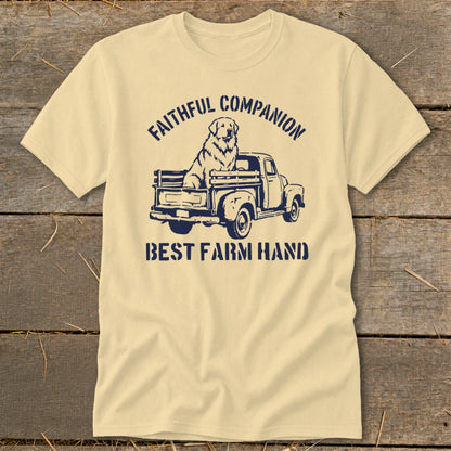T-shirt with graphic of dog in truck and text "FAITHFUL COMPANION" and "BEST FARM HAND"