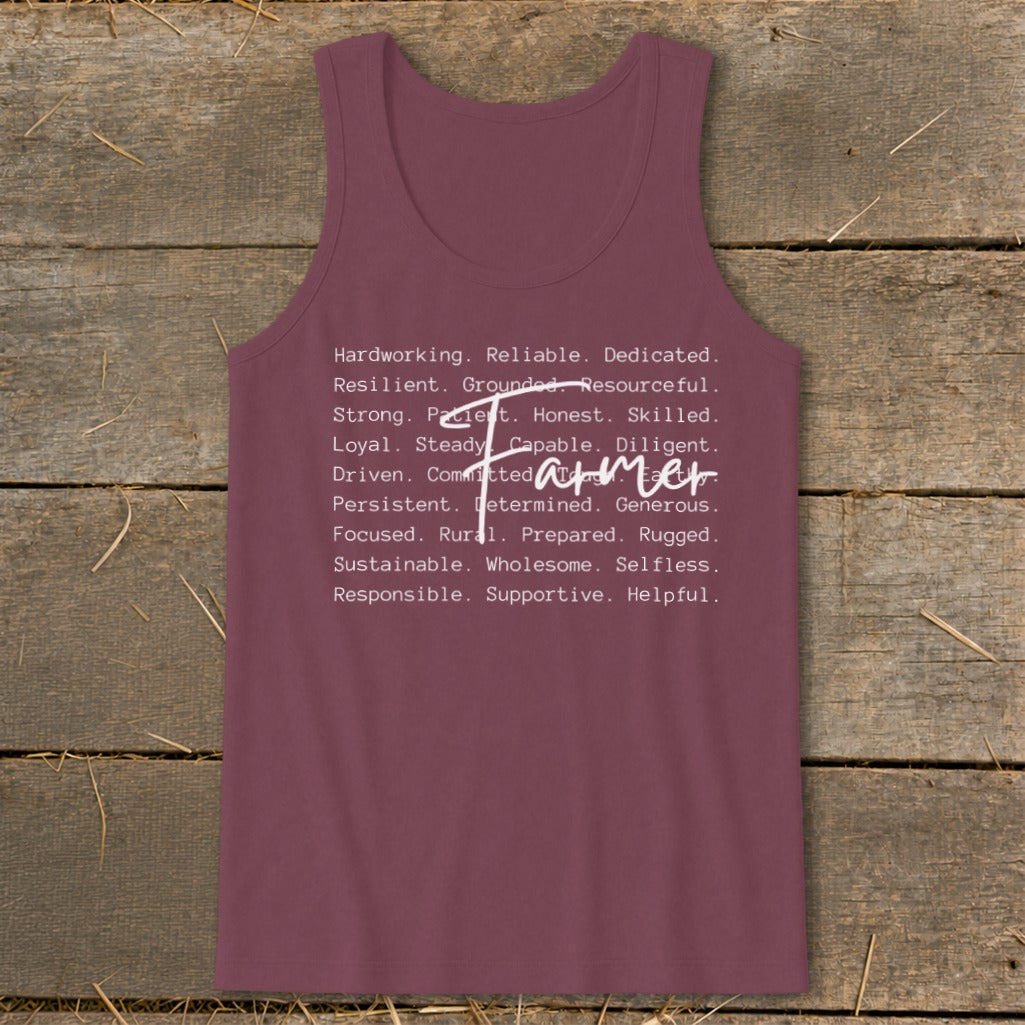 Maroon tank top with white text listing farmer attributes and "Farmer" in cursive.
