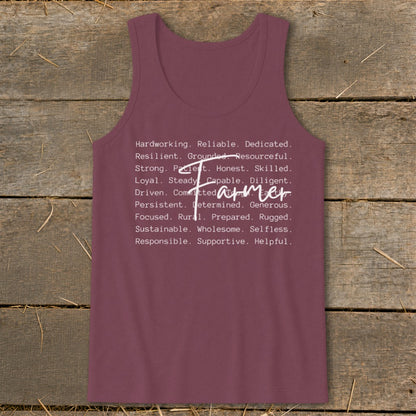 Maroon tank top with white text listing farmer attributes and "Farmer" in cursive.