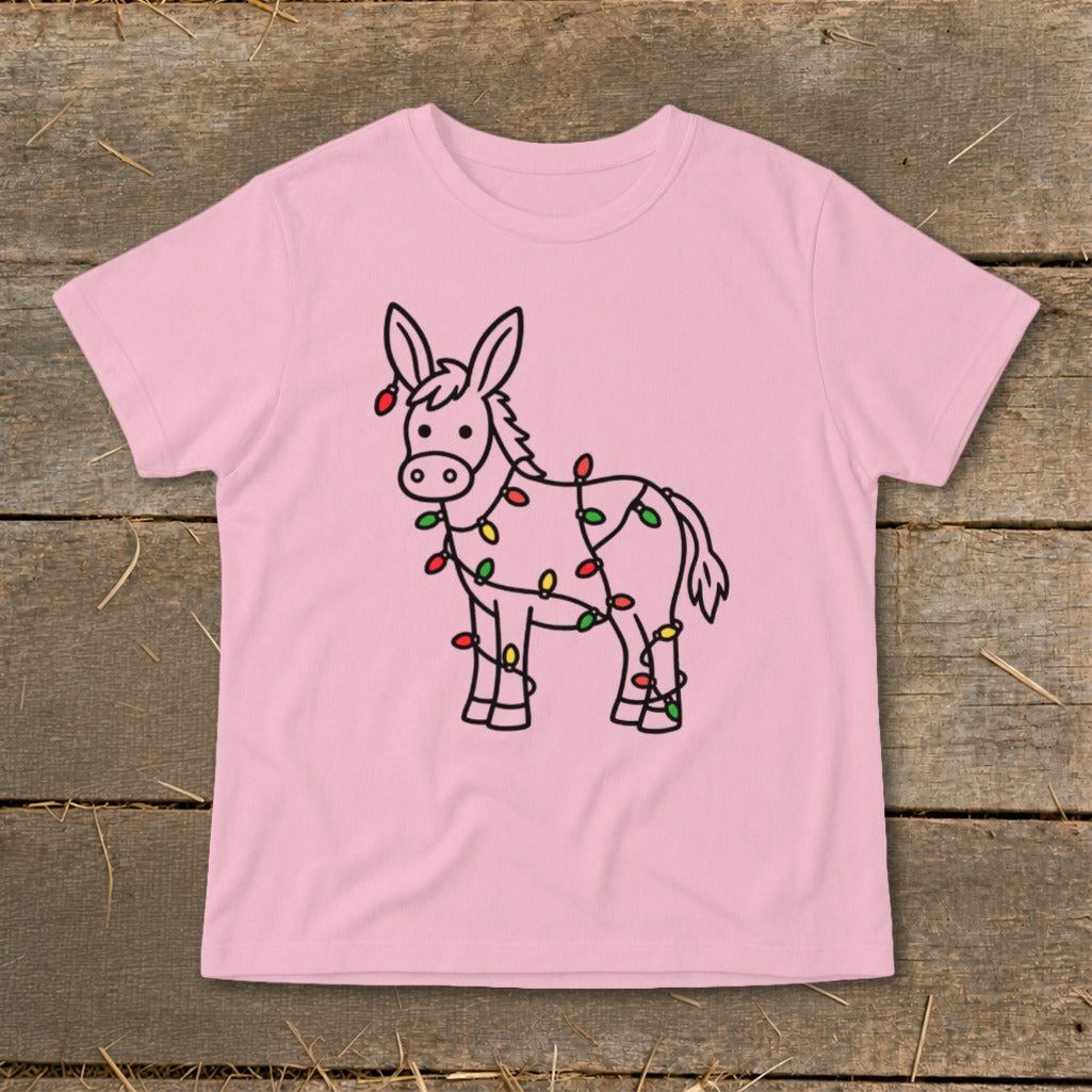 Pink t-shirt with a cartoon donkey wrapped in colorful Christmas lights.