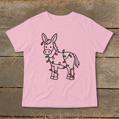 Pink t-shirt with a cartoon donkey wrapped in colorful Christmas lights.