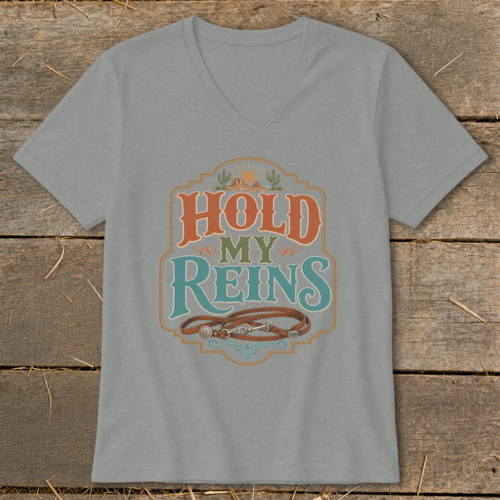 Gray t-shirt with "Hold My Reins" text and horse reins graphic.