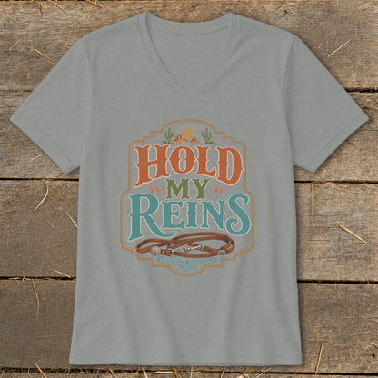 Gray t-shirt with "Hold My Reins" text and horse reins graphic.