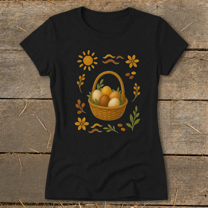 Black t-shirt with an Easter basket of eggs surrounded by sun, flowers, and leaves.