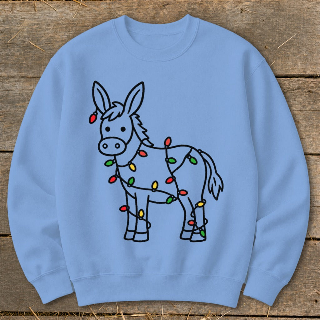 Light blue crewneck sweatshirt with a cartoon donkey wrapped in Christmas lights.
