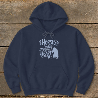 Navy hoodie with "Horses Have My Whole Heart" text and horse graphic.