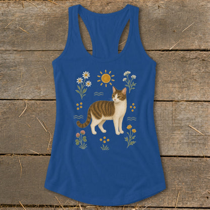 Blue tank top with tabby cat illustration surrounded by sun and flowers.