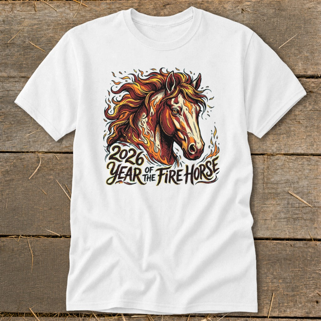 White t-shirt with a fiery horse graphic and text "2026 Year of the Fire Horse."