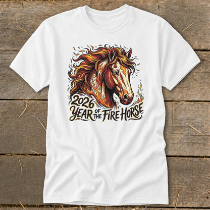 White t-shirt with a fiery horse graphic and text "2026 Year of the Fire Horse."