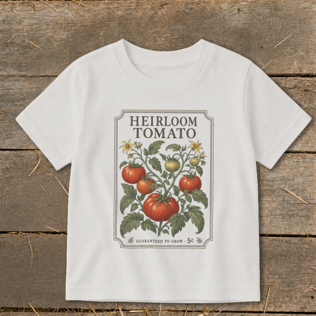 White t-shirt with "Heirloom Tomato" seed packet design.