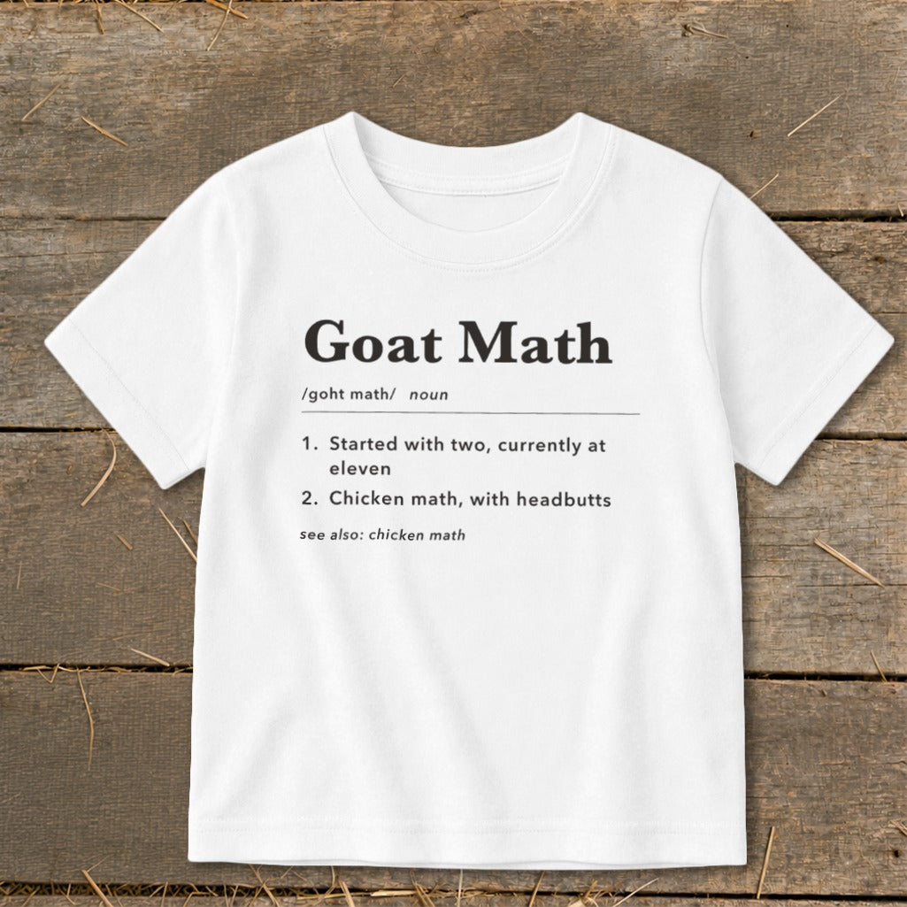 White t-shirt with "Goat Math" definition printed on it.