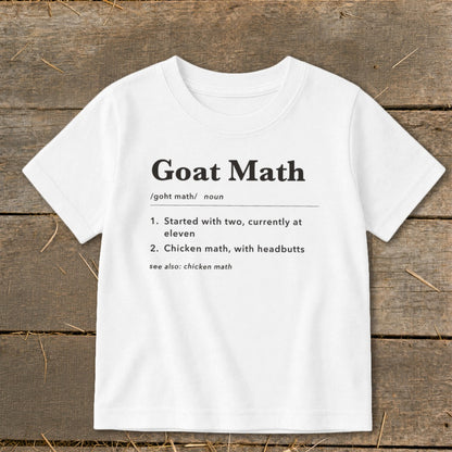 White t-shirt with "Goat Math" definition printed on it.
