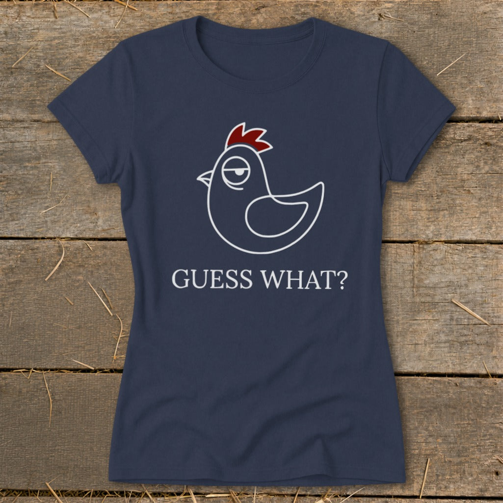 Navy t-shirt with line drawing of a chicken and "GUESS WHAT?" text.