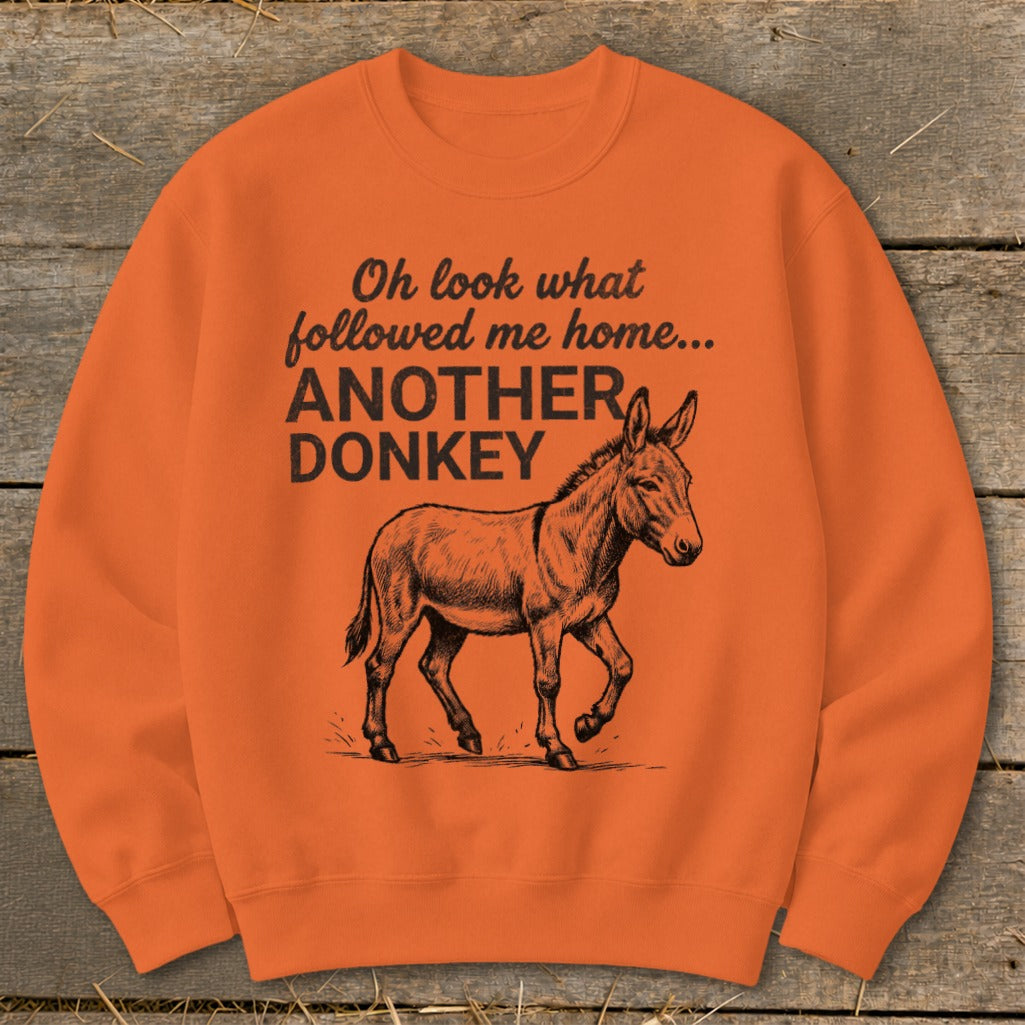 Orange sweatshirt with illustration and text: "Oh look what followed me home... ANOTHER DONKEY".