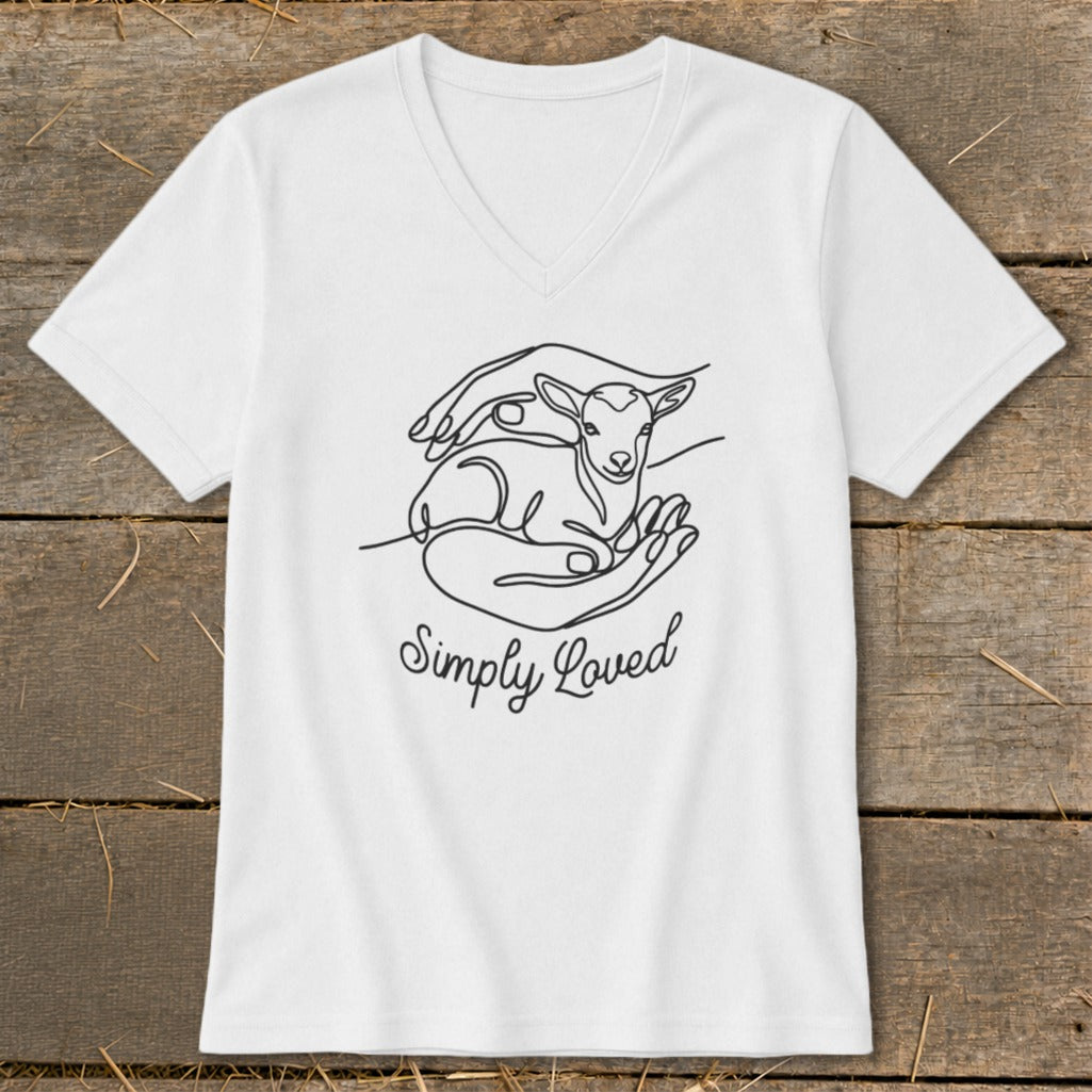 White v-neck t-shirt with line art of hands holding a lamb and text "Simply Loved".