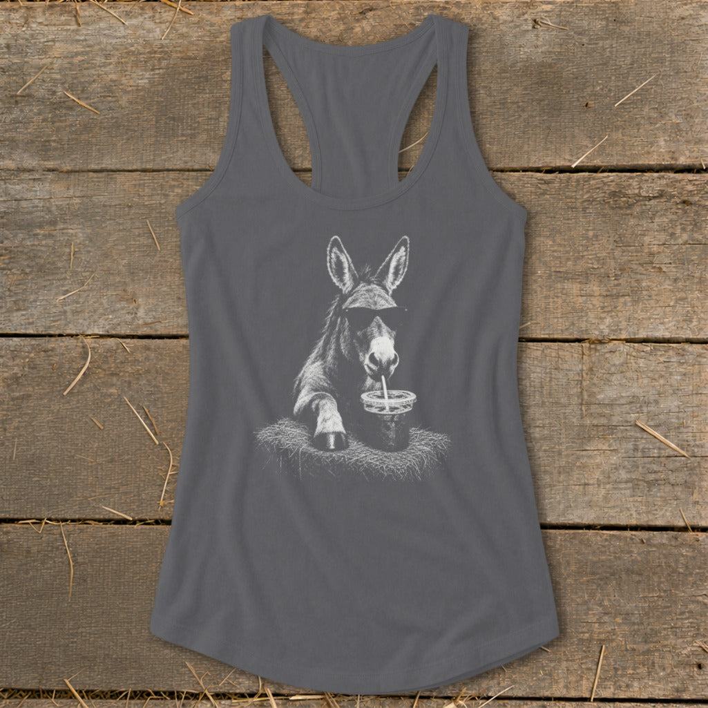 Gray tank top with a graphic of a donkey wearing sunglasses drinking from a cup.