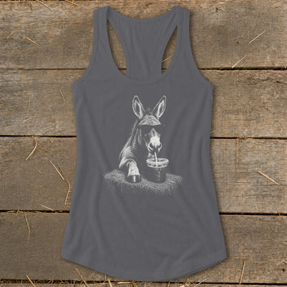 Gray tank top with a graphic of a donkey wearing sunglasses drinking from a cup.