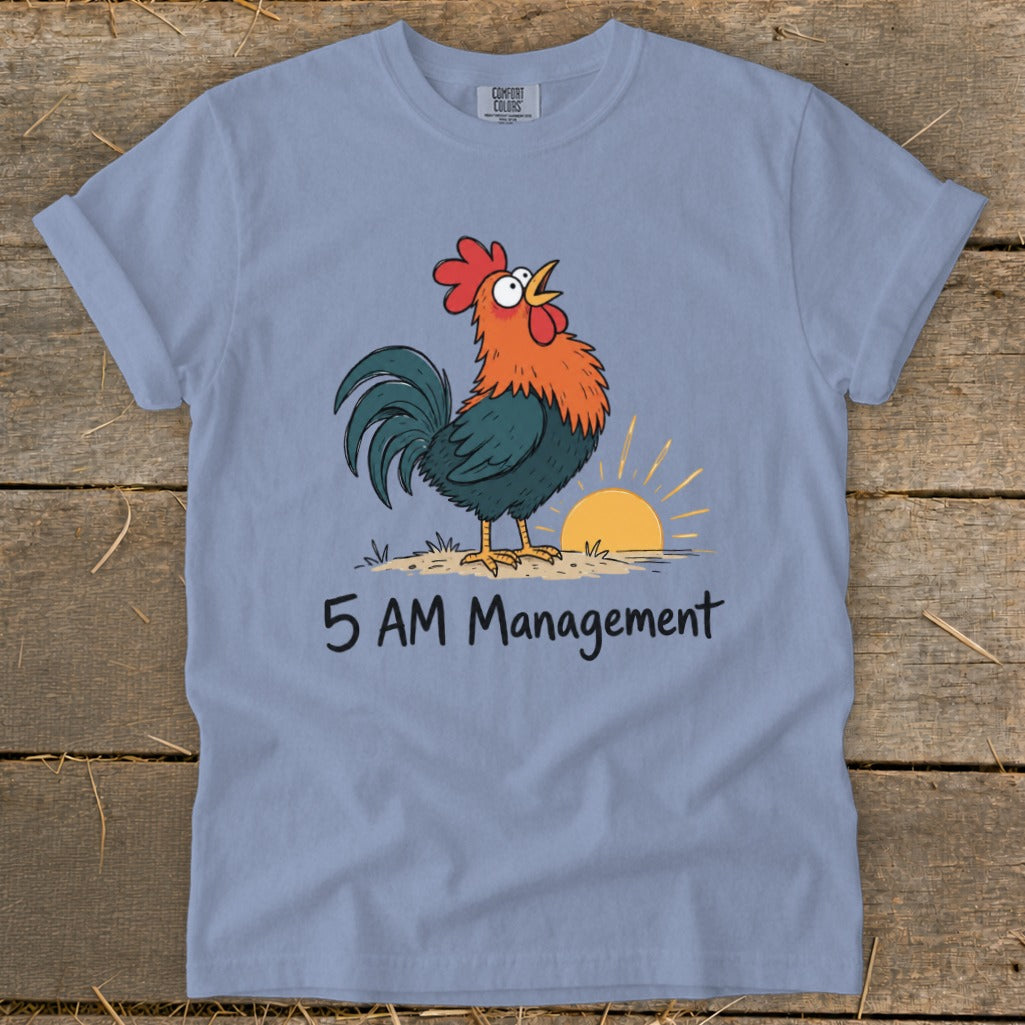 Rooster at sunrise with text "5 AM Management".