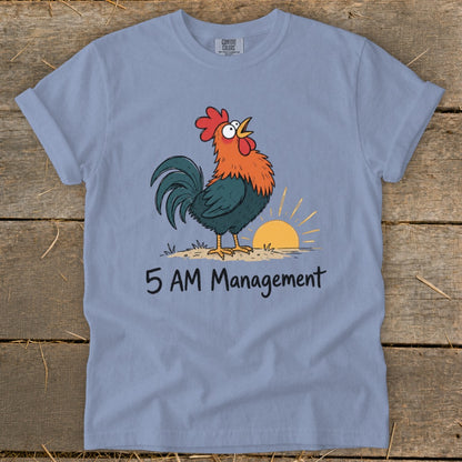 Rooster at sunrise with text "5 AM Management".
