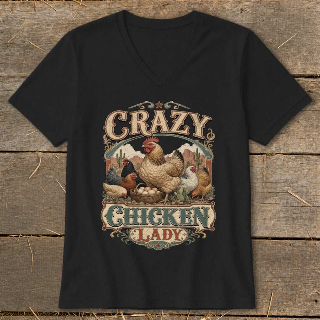 Black t-shirt with "Crazy Chicken Lady" design featuring chickens and eggs.