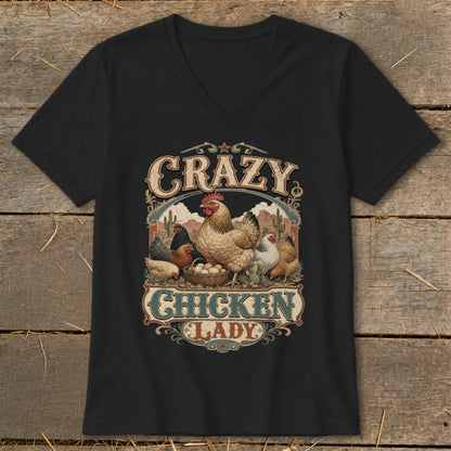 Black t-shirt with "Crazy Chicken Lady" design featuring chickens and eggs.