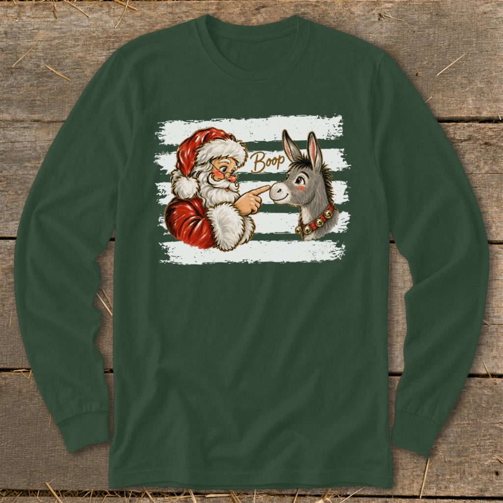 Santa Claus boops a donkey on the nose with the word "Boop" above them.