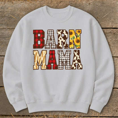Light gray sweatshirt with "BARN MAMA" text in various farm-themed patterns.