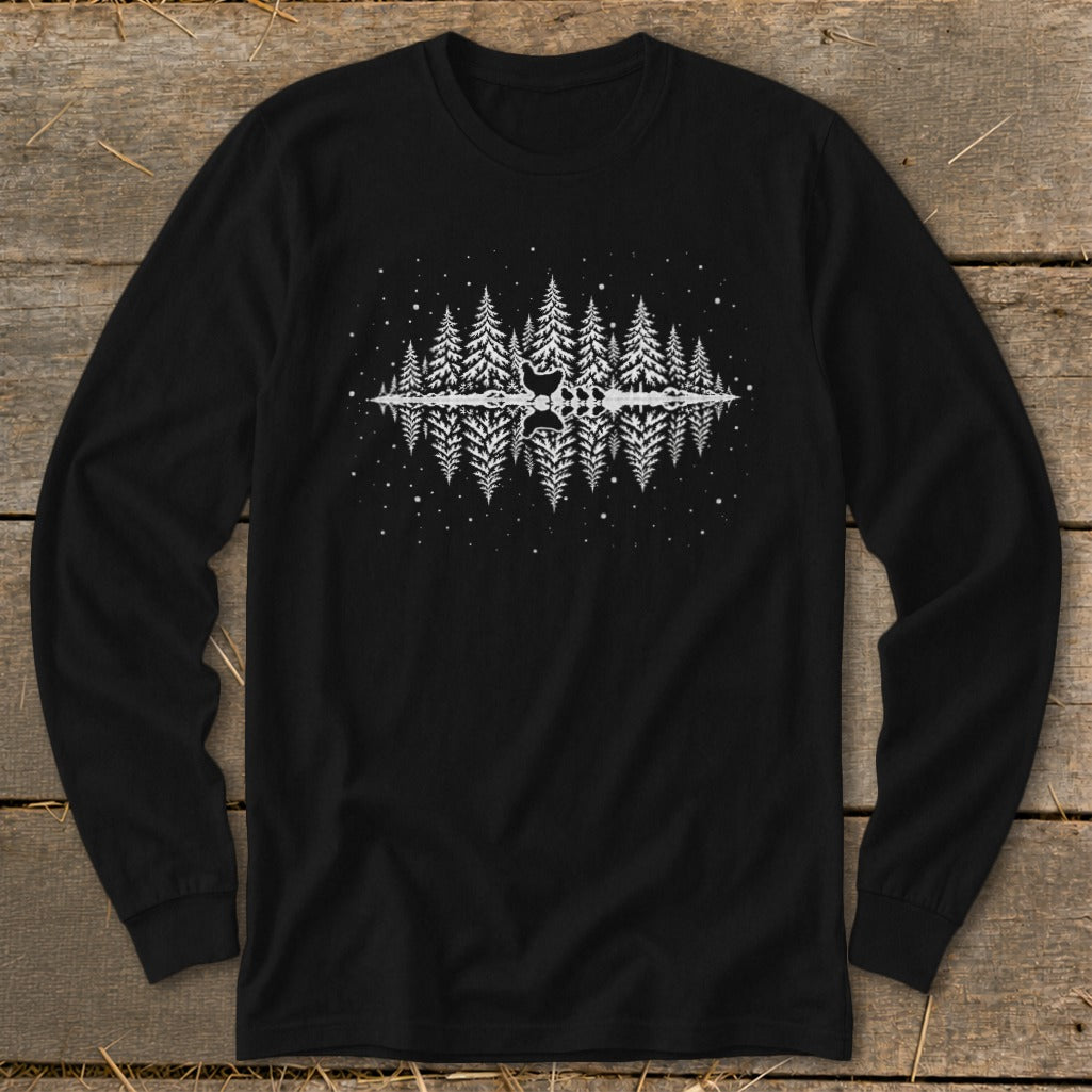 Black long-sleeve shirt with white silhouette of pine trees reflecting in water.