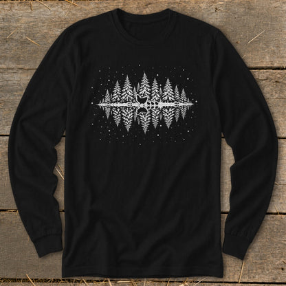 Black long-sleeve shirt with white silhouette of pine trees reflecting in water.