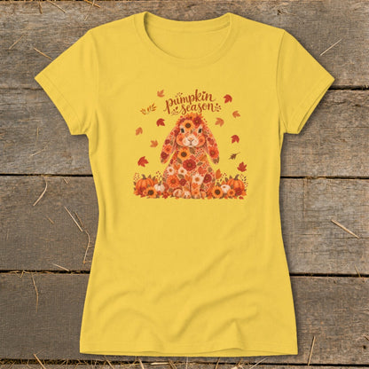 Yellow t-shirt with a floral bunny, pumpkins, and autumn leaves. Text reads "pumpkin season."