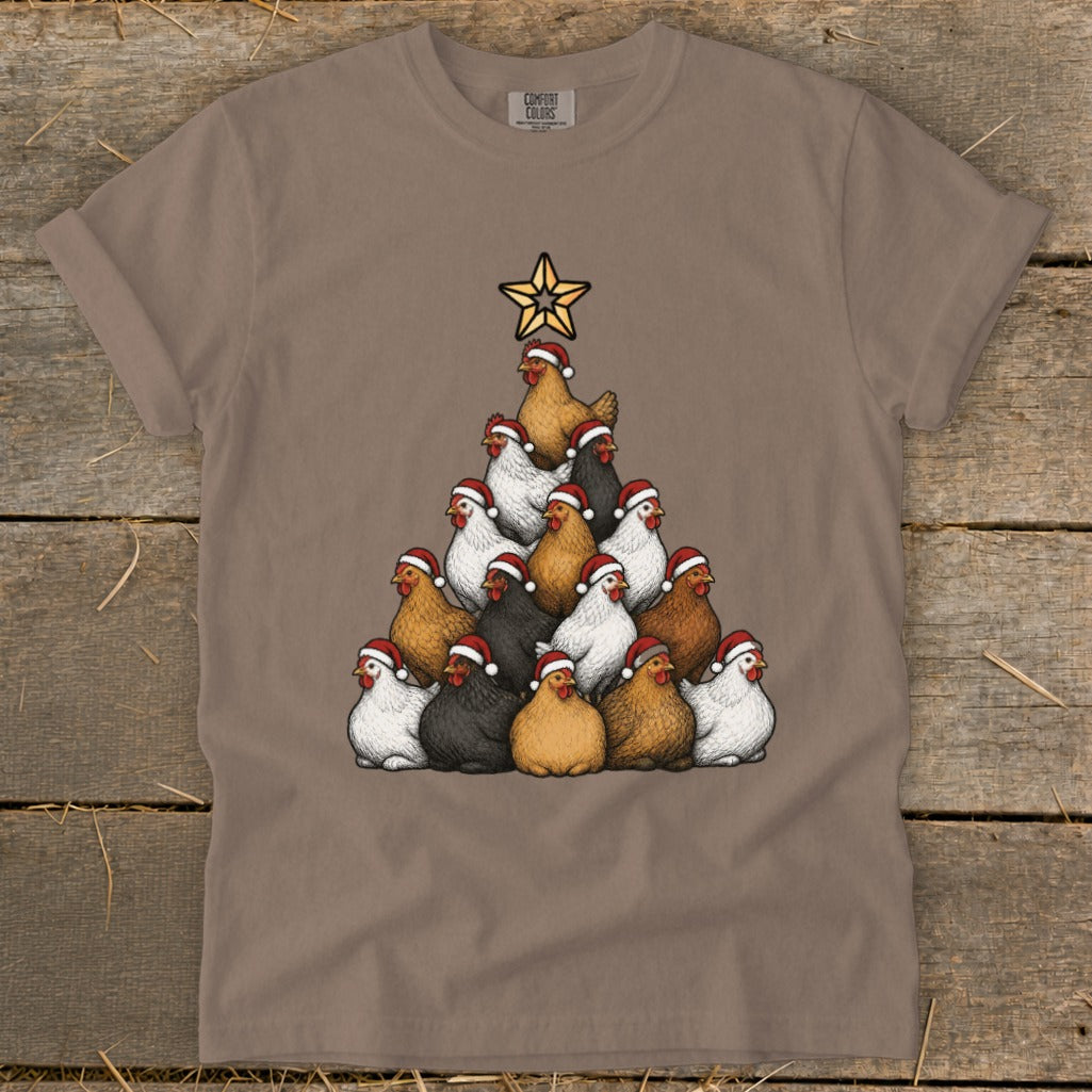 T-shirt with a Christmas tree made of chickens wearing Santa hats and a star.