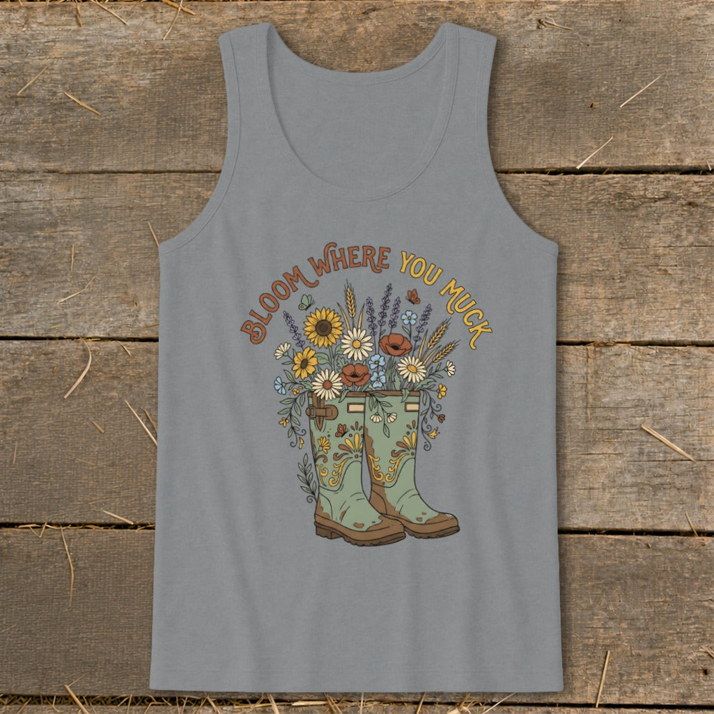 Grey tank top with "Bloom Where You Muck" text and garden boots with flowers design.