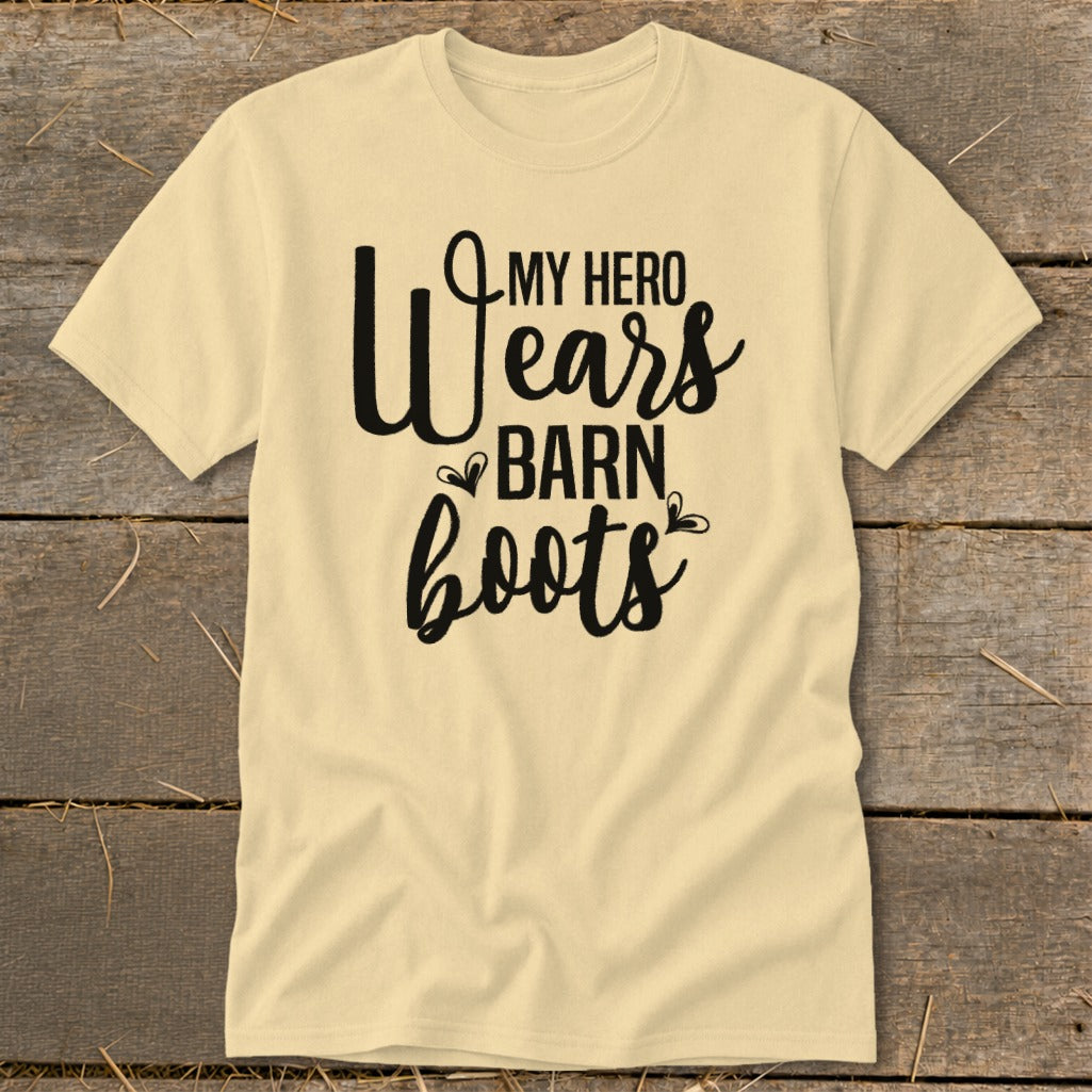 Light yellow t-shirt with "MY HERO wears BARN boots" text in black script.