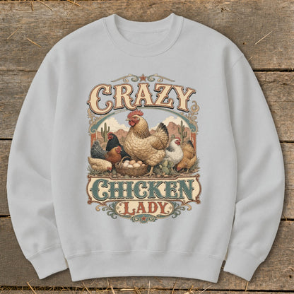 Crewneck sweatshirt with "Crazy Chicken Lady" text and illustration of chickens and eggs.