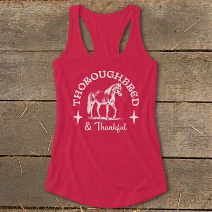 Pink tank top with "THOROUGHBRED & Thankful" and horse graphic.
