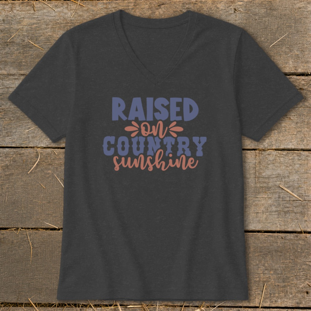 Dark gray t-shirt with "Raised on Country Sunshine" text design.