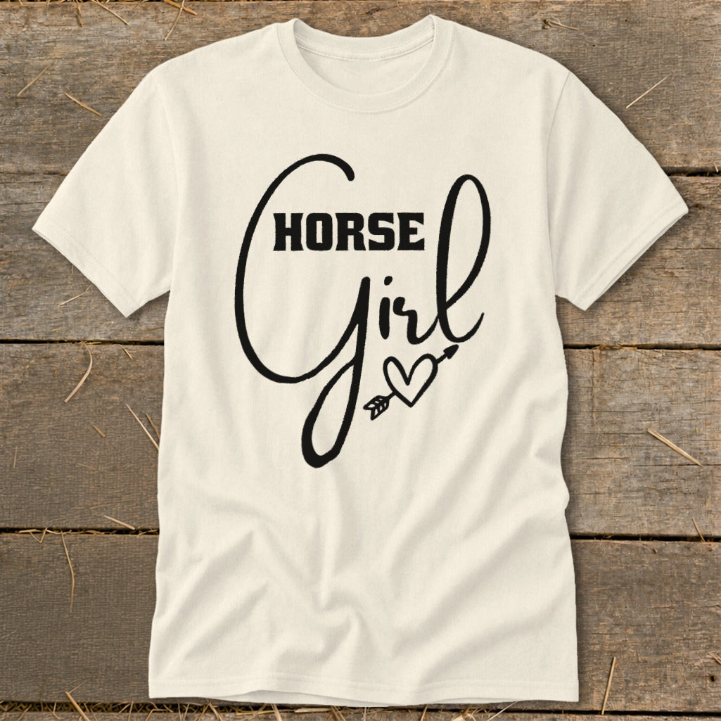 Cream t-shirt with black "HORSE Girl" graphic featuring a heart with an arrow.