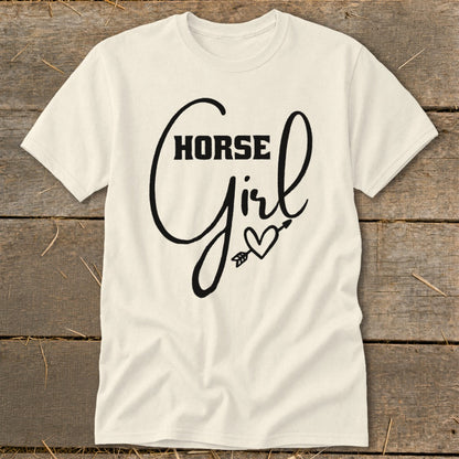Cream t-shirt with black "HORSE Girl" graphic featuring a heart with an arrow.